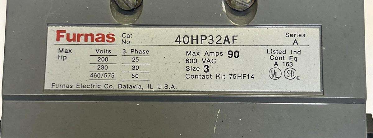 Used FURNAS,40HP32AF,CONTACTOR SIZE 3 90A 600V