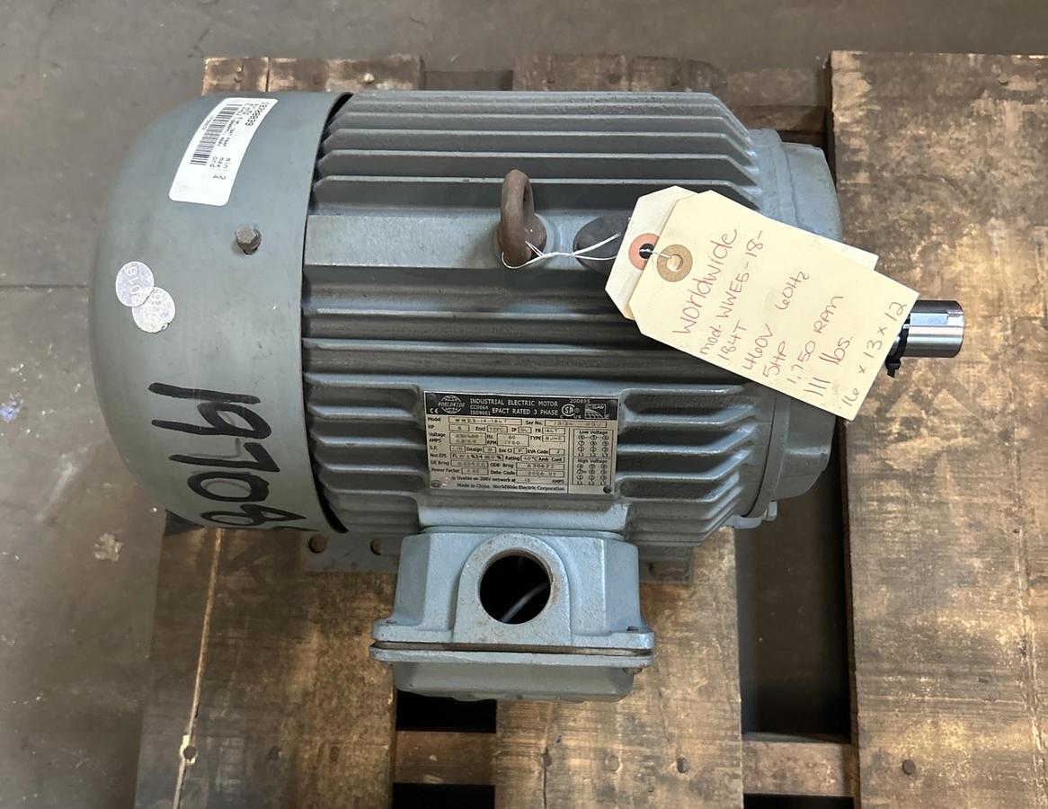 Used WORLDWIDE ELECTRIC,WWE5-18-184T,MOTOR 5HP 1750RPM 230/460V 3PH 184T FRAME