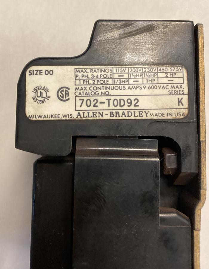 Used Allen-Bradley,702-TOD92,Series K 9AMP 600V Size 00 Starter 120V Coil