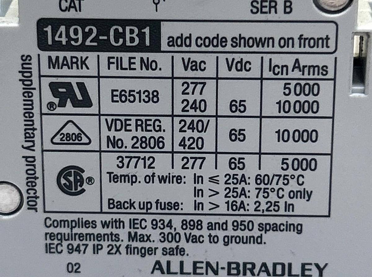 Used ALLEN BRADLEY,1492-CB1,CIRCUIT BREAKER 20A 1P LOT OF 8