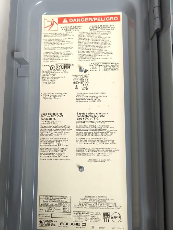 Used SQUARE D,D322NRB,DISCONNECT SWITCH 3-POLE 60 AMP 250 VAC PRE-OWNED