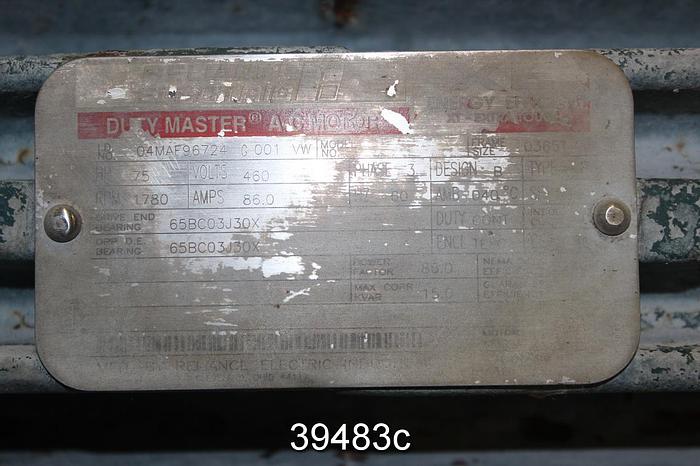 Used Reliance 75 HP AC Motor, 460 Volts, 1780 RPM, 0365T Frame #39483