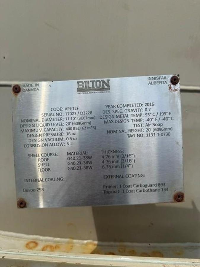 Used 2016 Bilton Skidded 400BBL with Internal Coating