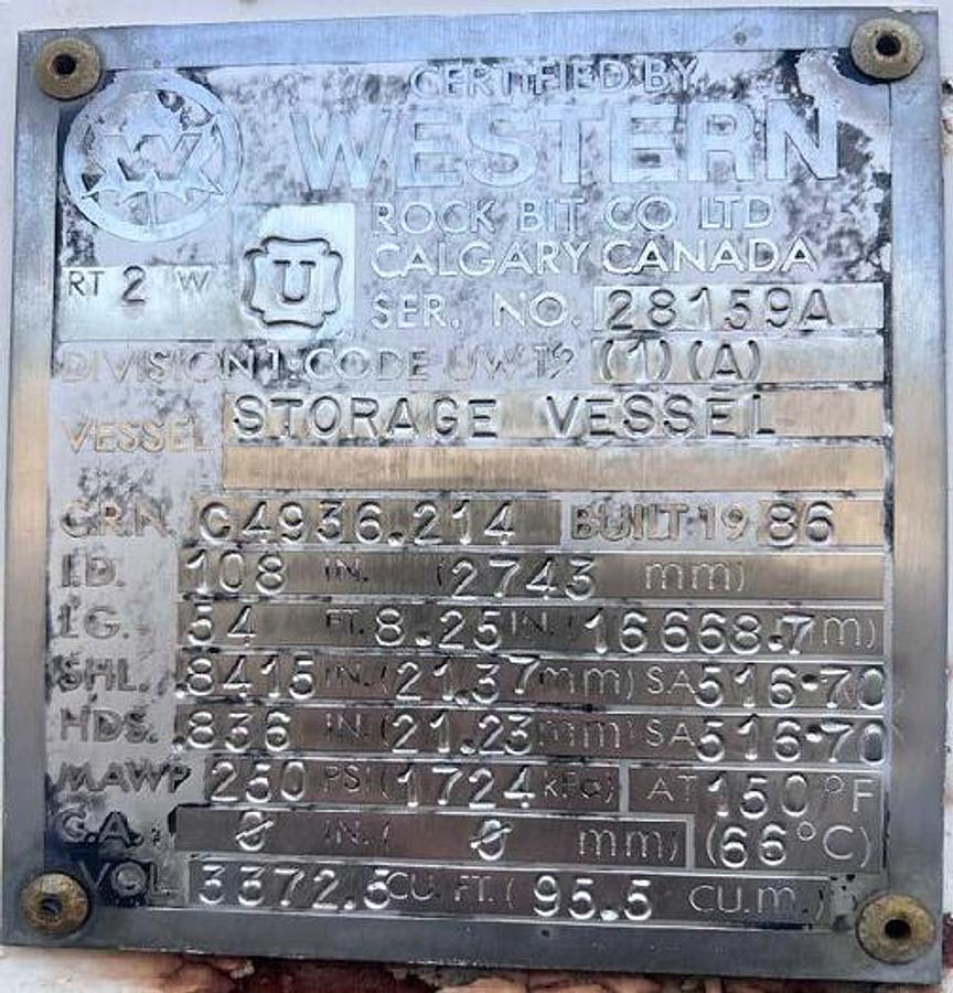Used 1986 	Western Rock Bit Co.  25,300 USG 250 PSI Bullet