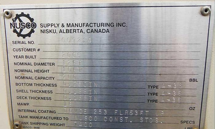 Used 200 BBL Nusco Pop Tanks (Internally Coated)