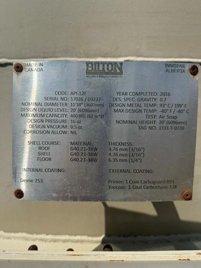 Used 2016 Bilton Skidded 400BBL with Internal Coating