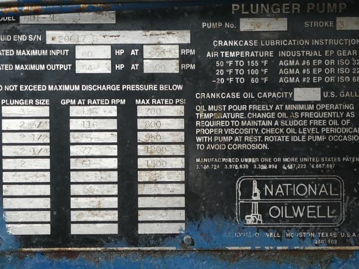 Used 2009 National Oilwell 60 HP Triplex Pump