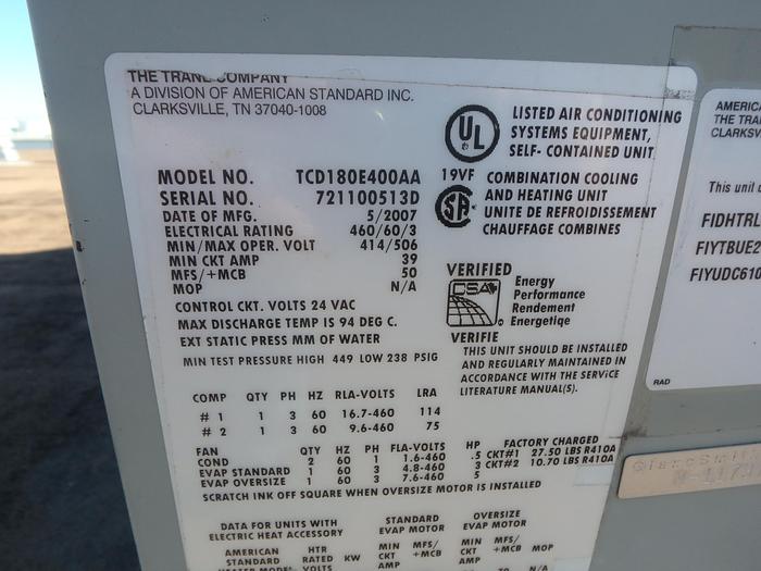 Used Trane TCD180E400AA Air Handler