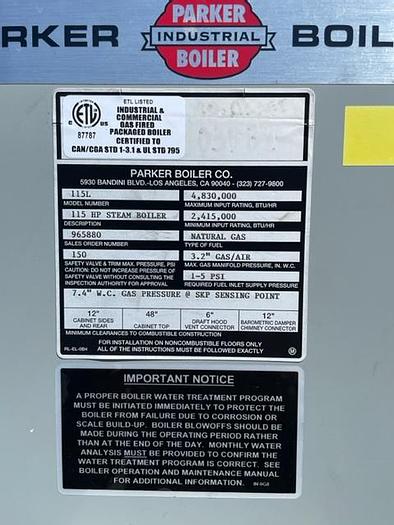 Used Parker Boiler Co 115 HP Steam Boiler