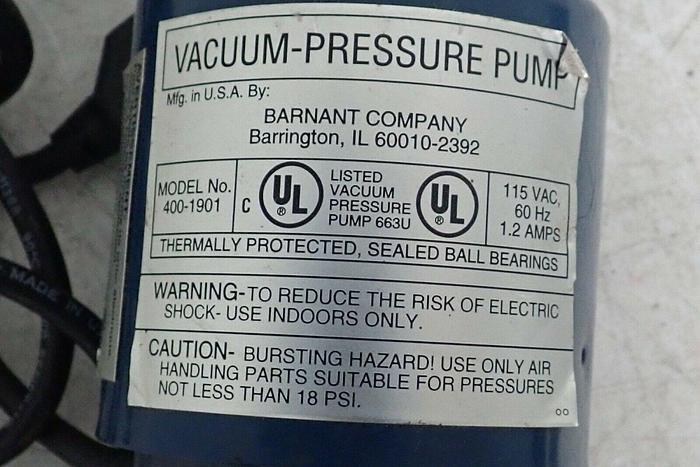 Used Barnant Model 400-1901 Vacuum Pressure Pump 115VAC 1.2A 60Hz 7445235756705
