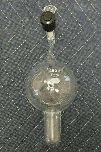 Used Kimax 250ml Glass Round Tube-Bottom Distillation Flask with Adapter / Joint