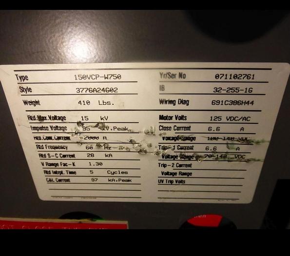 Used 2007 Eaton Cutelr Hammer  15Kv Breaker Line up