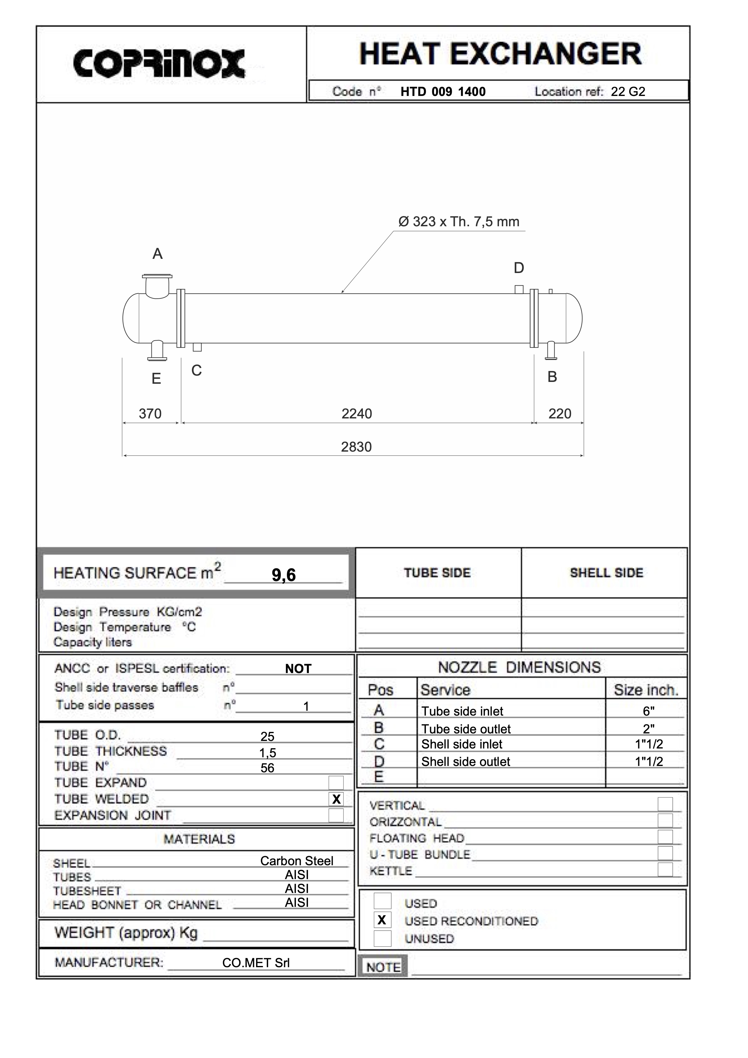 Usato Scambiatore di calore a fascio tubeiro da 9,6 metri quadrati