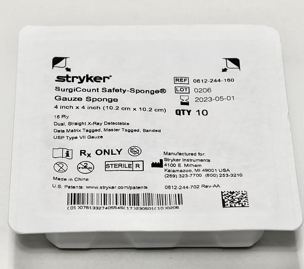 0612-244-160: STRYKER SURGICOUNT SAFETY-SPONGE GAUZE SPONGE, 4" X 4", DUAL, STRAIGHT, 16 PLY, X-RAY DETECTABLE