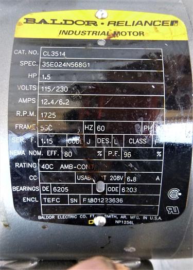 Used Motor, 1.5 HP, Baldor, 1725 RPM Out, 115/230V, A #C744067