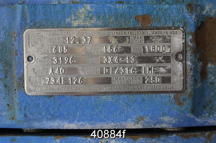 Used Goulds 3196 3x4x13 Pump, Ductile Iron Casing, 6 Vane SS Impeller #40884