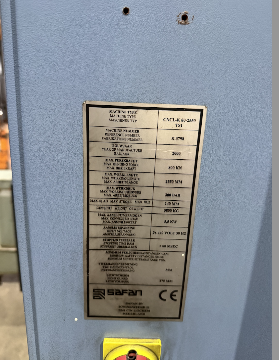 Used Safan CNCL CNC Press Brake : 80 Ton x 2550mm