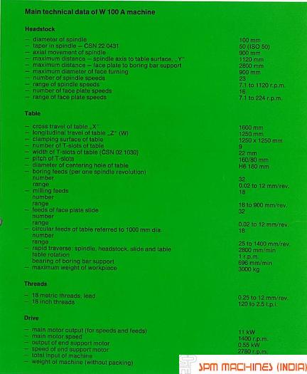 Used TOS W100A H Boring Machine - Year : 1988 (ISO Taper)