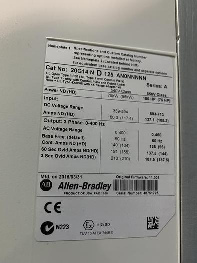 Used ALLEN BRADLEY POWERFLEX 755 DRIVE 100HP