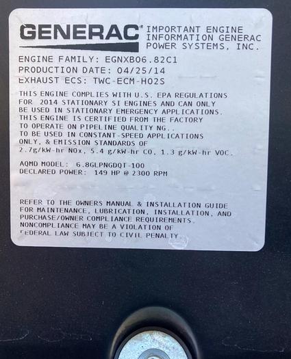 Used 2014 Generac 100 kW Natural Gas Generator Low Hours