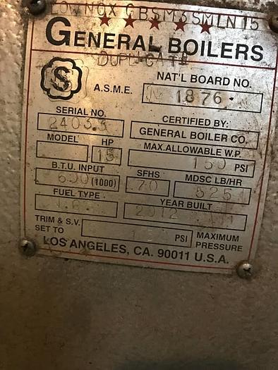 Used General boiler for dry cleaners 15 horsepower