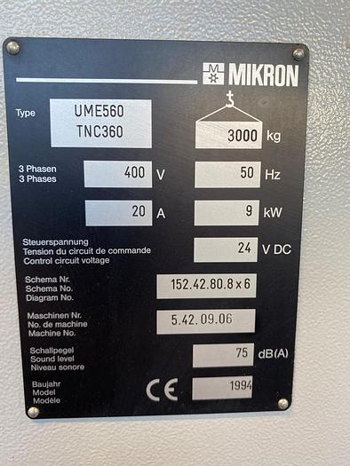 Used 1994 Mikron UME 560 3 Axis Machine CNC Milling Machine