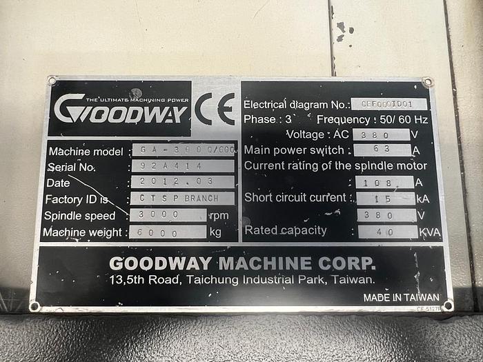 Used Year 2012 GOODWAY GA 3000-600 Lathe