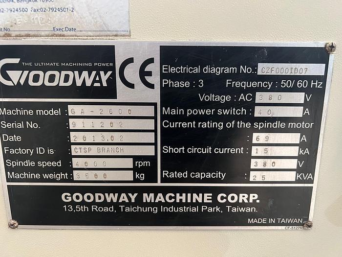 Used Year 2013 GOODWAY GA 2600 Lathe 