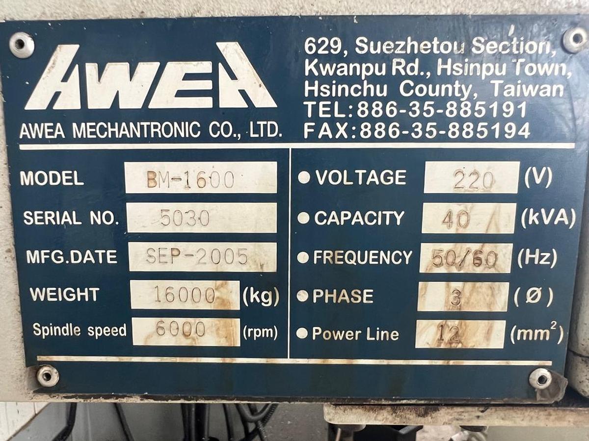 Used Awea BM-1600 Vertical Machining Center Year 2005