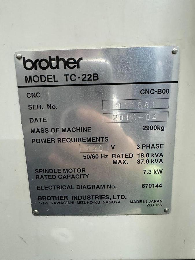 Used Brother TC-22B Vertical Machining Center Year 2010
