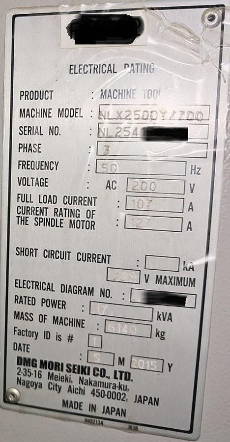 Used DMG Mori Seiki NLX2500Y/700 CNC Turning Center Year 2015