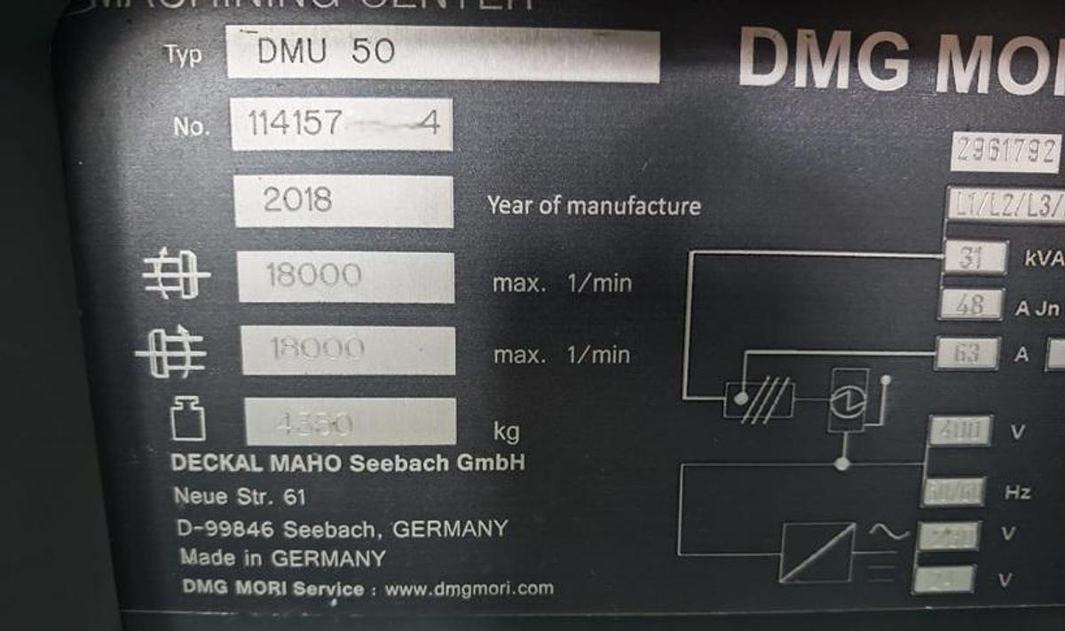 Used DMG MORI DMU 50 Universal Machine Center (5-Axis Simultaneous)