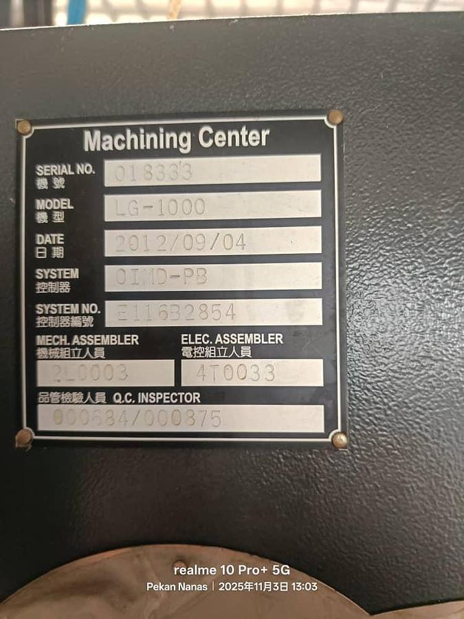 Used Hartford LG-1000 Vertical Machining Center Year 2012