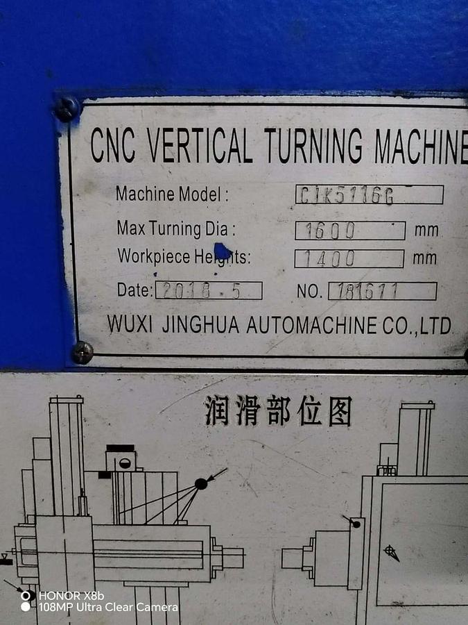 Used Wuxi Jinghua CJK5116G CNC Vertical Lathe Year 2018