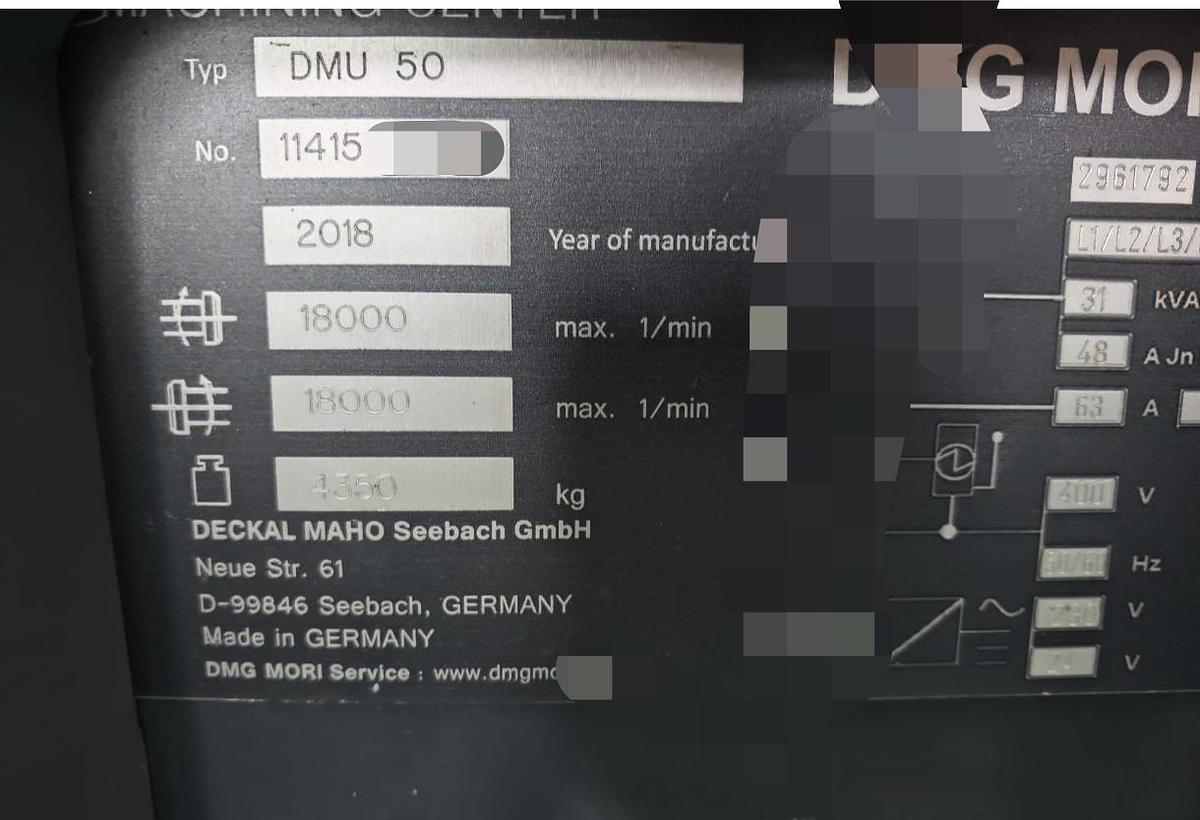 Used DMG DMU 50 Universal Machining Center Year 2018