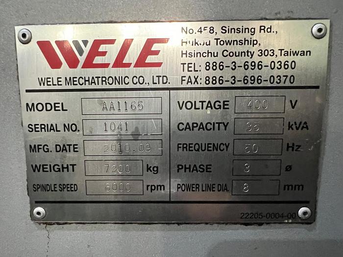 Used Year 2010 WELE AA1165 Vertical Machining Centers 