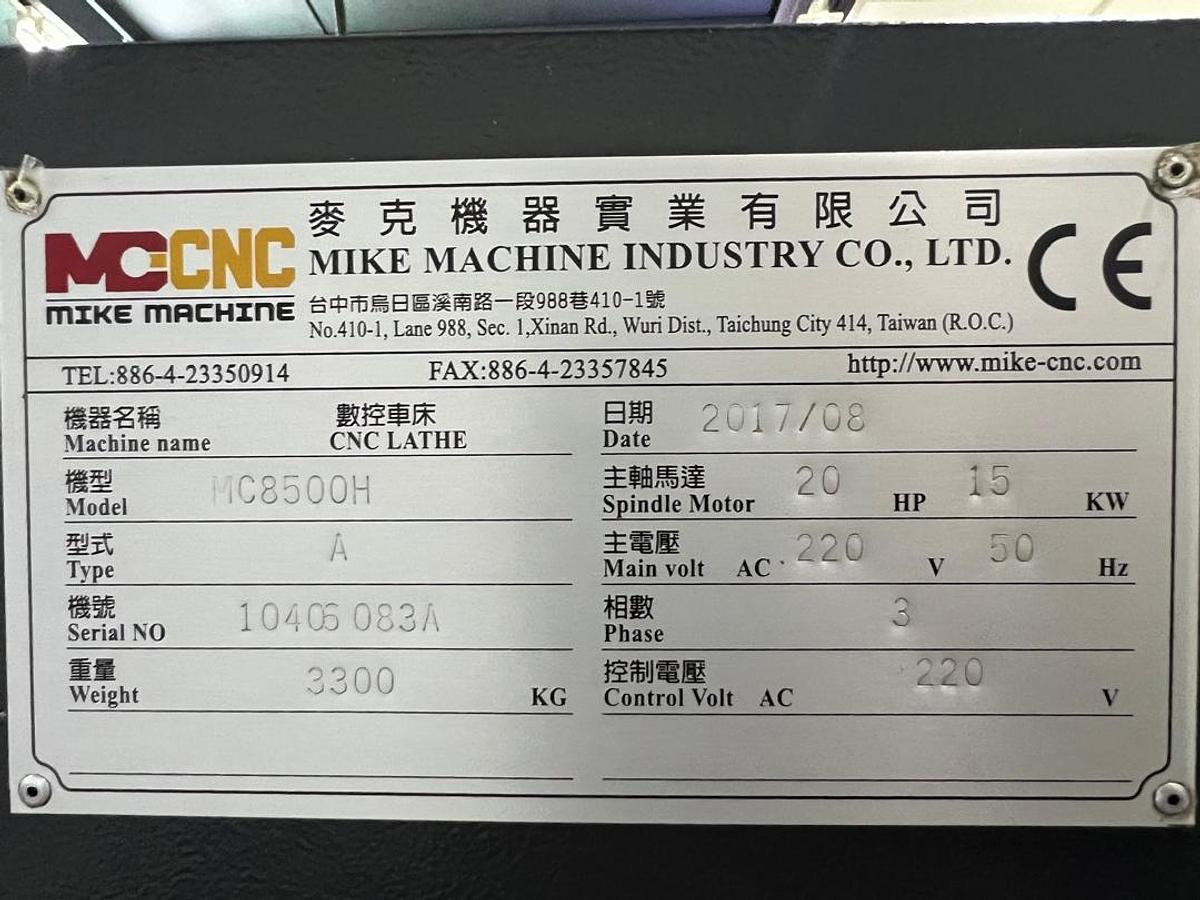 Used Mike Machine MC8500H Slant Bed CNC Lathe Year 2017