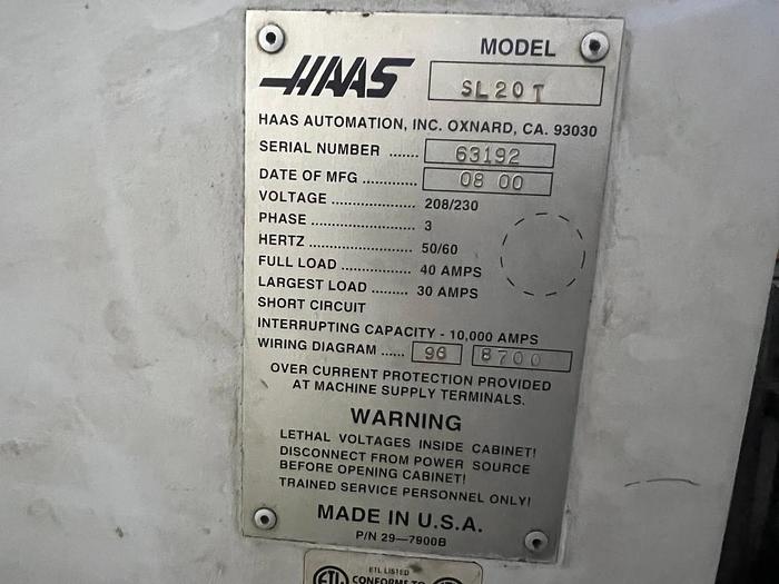 Used HAAS SL20T Year 2008 Lathe