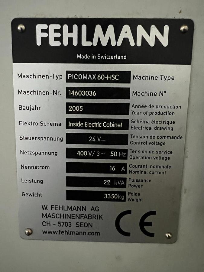 Used Fehlmann Picomax 60-HSC Vertical Machining Center Year 2005