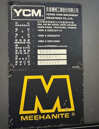 Used YCM MV168B Year 2009 Vertical Machining Center 