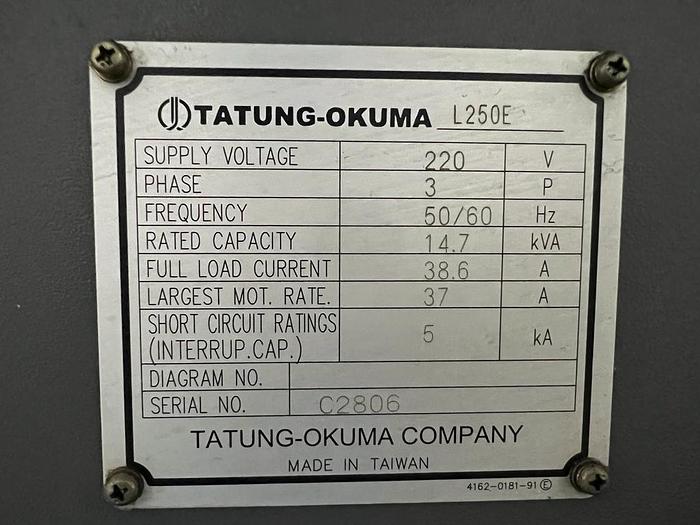 Used TATUNG OKUMA L250E Year 2011 Cnc Lathe