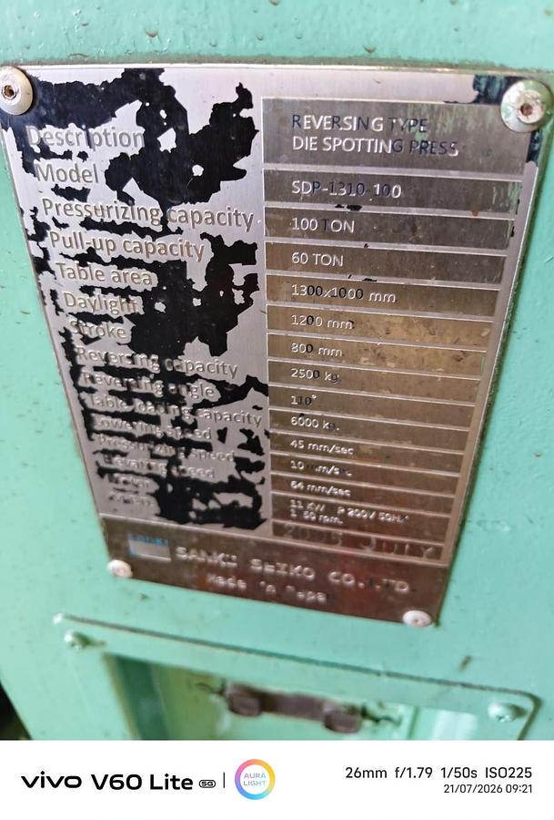 Used Sanki Seiko SDP-1310-100 Reversing Type Die Spotting Press