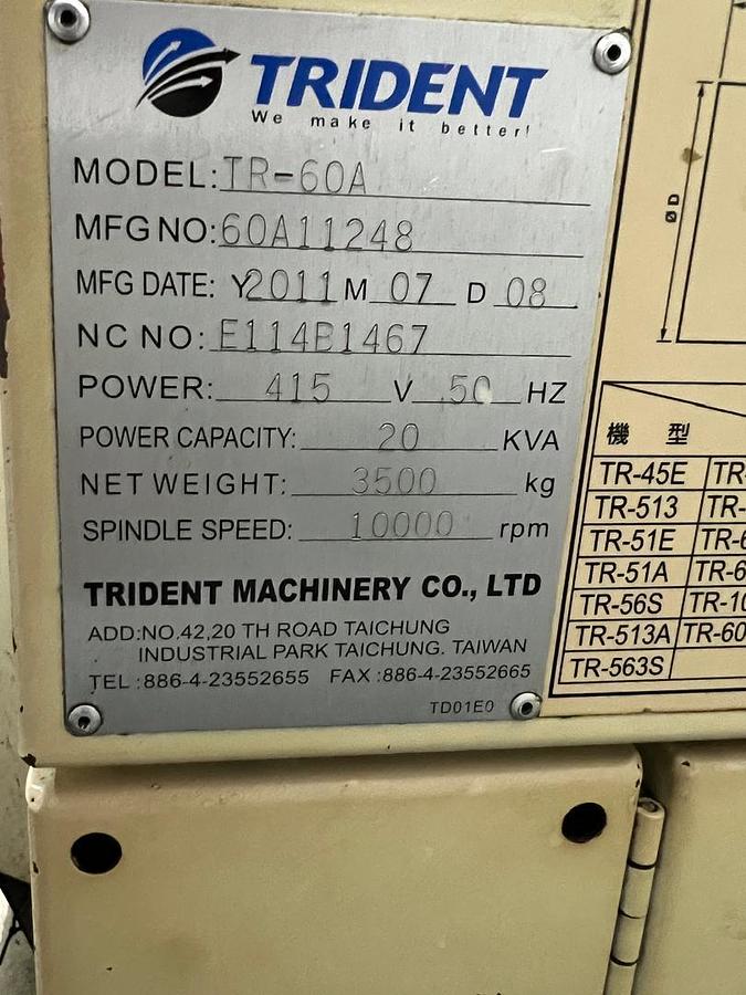Used Trident TR-60A Drilling & Tapping Center Year 2011