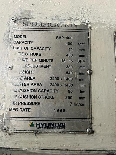 Used Hyundai 400T Model SA2-400 Year 1996 Stamping Press