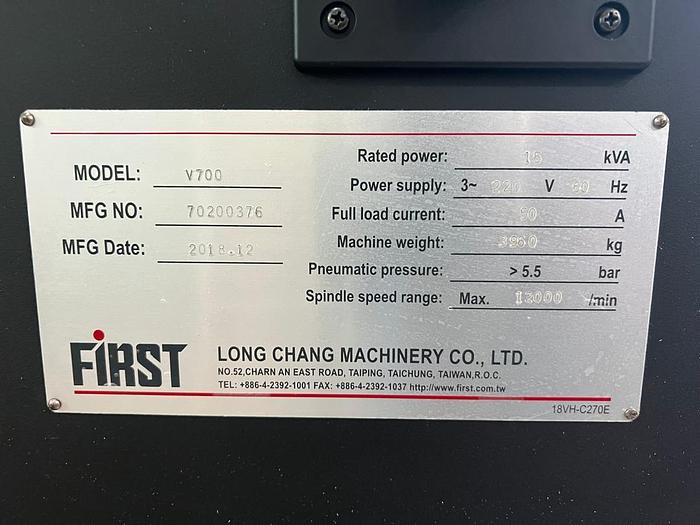 Used FIRST V700 Year 2018 Vertical Machining Center