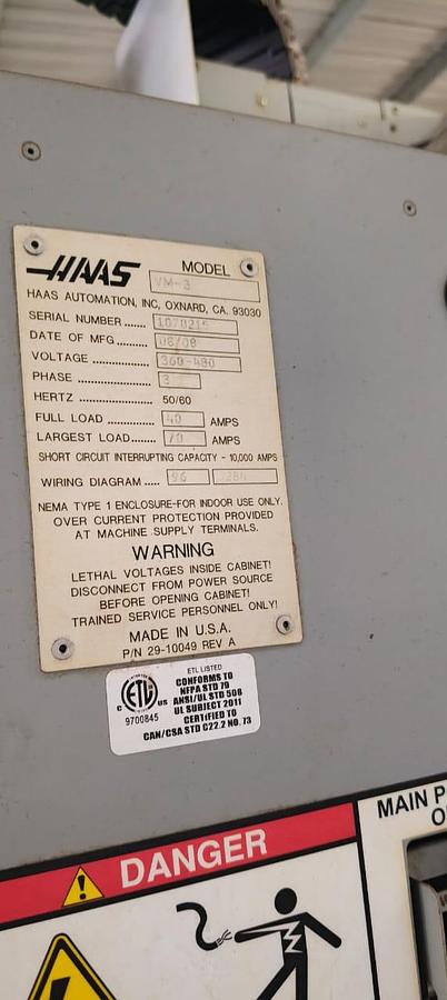 Used HAAS VM-3 Vertical Machining Center Year 2008
