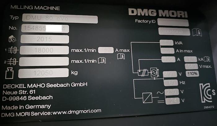 Used Year 2015 DMU80eVo FD Universal Machining Center
