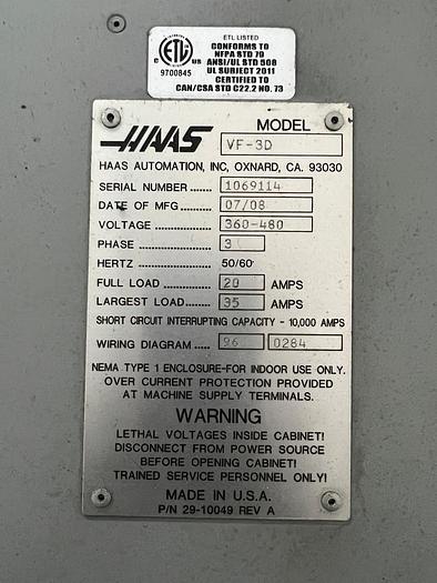 Used VMC HAAS VF3D Year 2007 Vertical Machining Center 