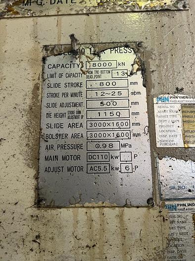 Used Hitachi Zosen Fukui 800T Stamping Press