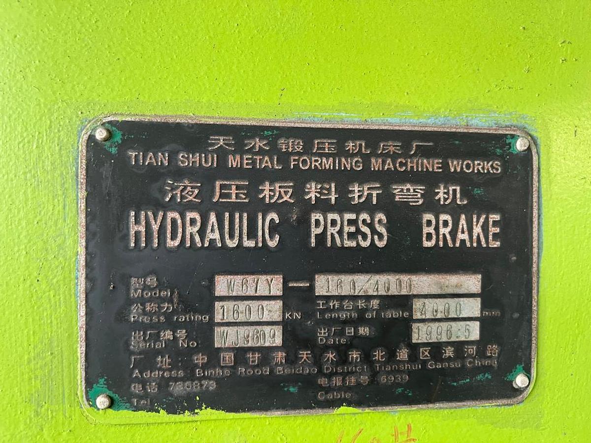 Used Tian Shui W67Y - 160/4000 Hydraulic Press Brake Year 1996